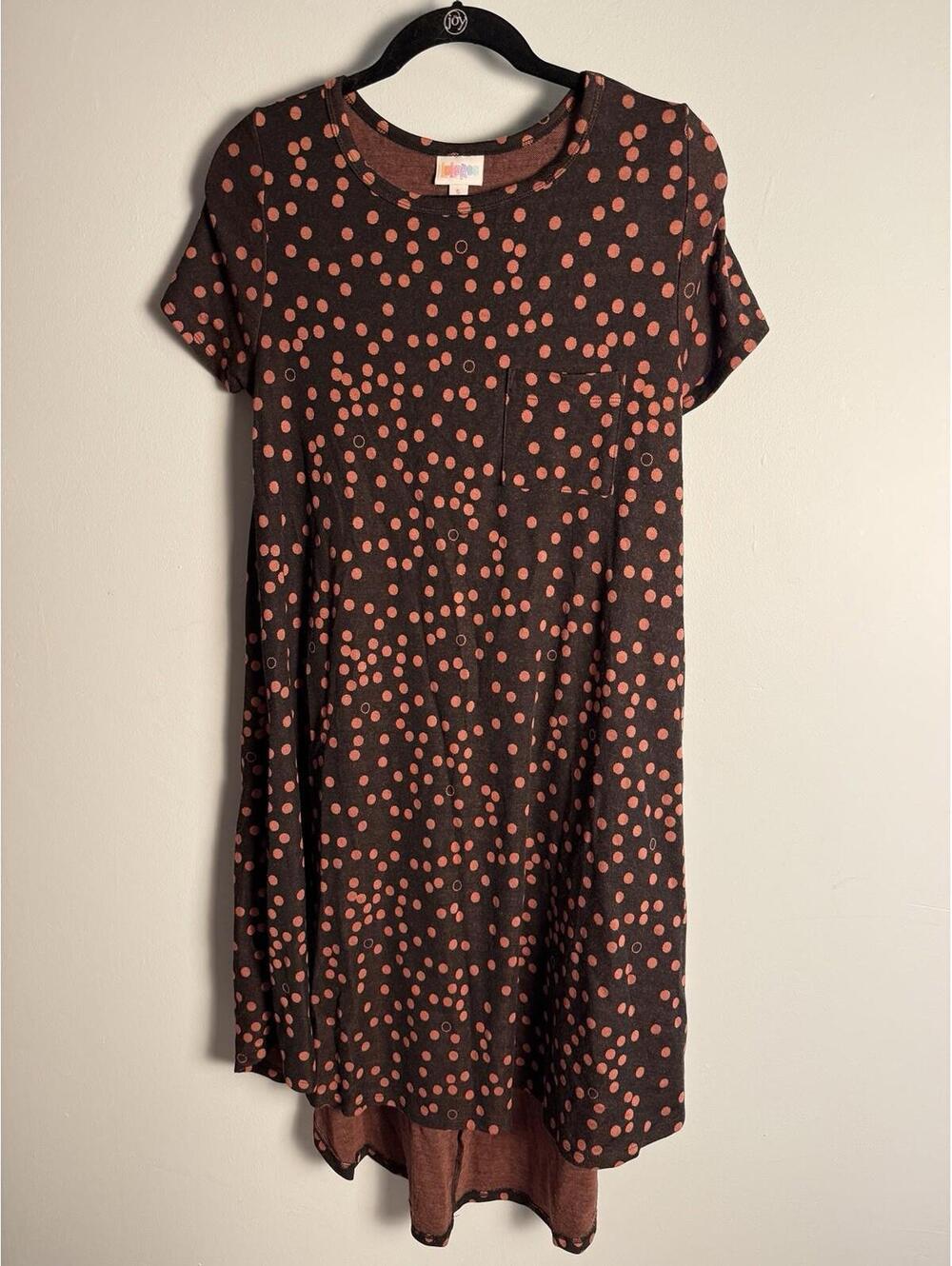 LuLaRoe Carly Dress Copper Brown Polka Dots T Shirt High Low Swing Flowy Small